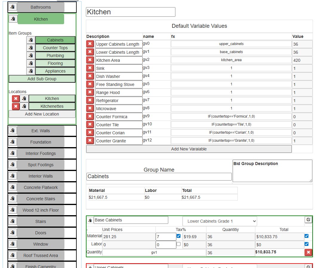 Items Page — customize item costs and room definitions