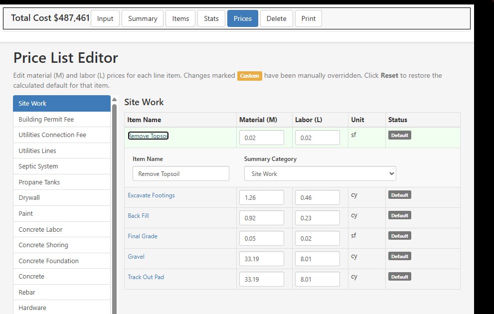 Price List Editor — edit unit costs per item